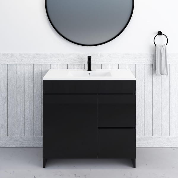 VOLPA USA AMERICAN CRAFTED VANITIES Mace 40 in. W x 18 in. D x 34 in. H Bath Vanity in Glossy Black with White Ceramic Top and Right-Side Drawers