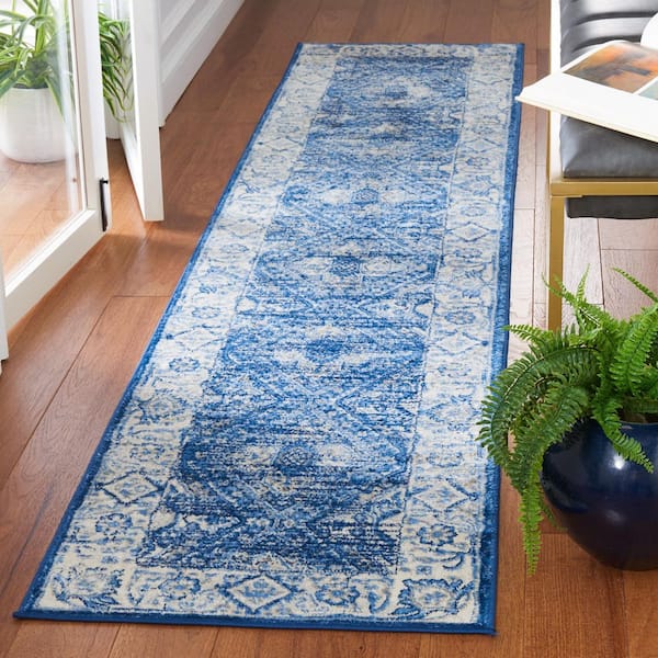 Brentwood 2 ft. x 9 ft. Ivory/Navy Distressed Ornate Border Runner Rug