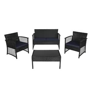 Highland Black 4-Piece Woven Rattan Wicker Patio Conversation Seating Set with Navy Cushions