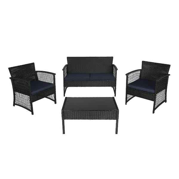 WESTIN OUTDOOR Highland Black 4-Piece Woven Rattan Wicker Patio Conversation Seating Set with Navy Cushions