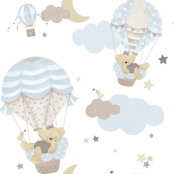 Unbranded Little Explorers 2-Blue Hot Air Balloons and Bears Matte Finish Non-Pasted Non-Woven Wallpaper Sample