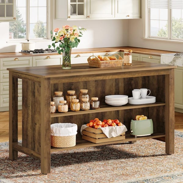 Keenyah Brown Wood 59 in. Kitchen Island with Storage,Farmhouse Stationary Island Table,Coffee Bar Table Storage Cabinet