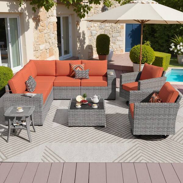 OVIOS Bissty Gray 9-Piece Wicker Wide Arm Patio Conversation Set with Orange Red Cushions and Swivel Rocking Chairs