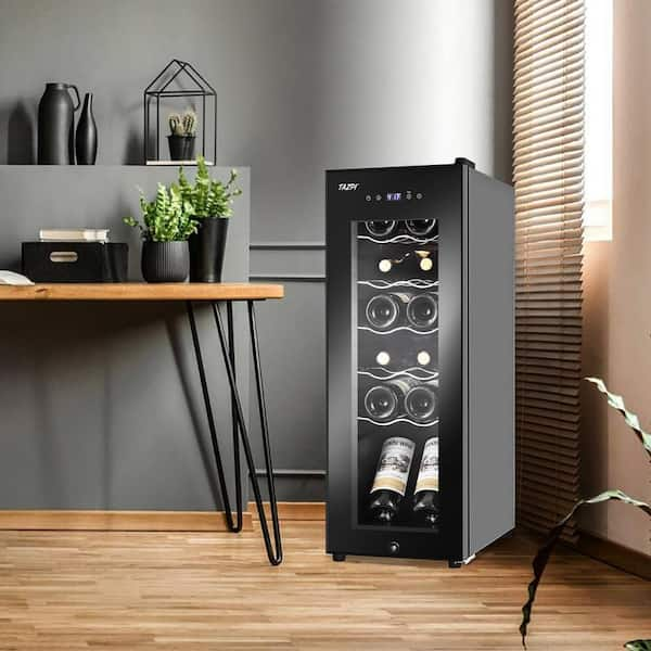 10.7 in. Wine Cooler 12 Bottle Freestanding Wine Refrigerator with Door Lock, Black