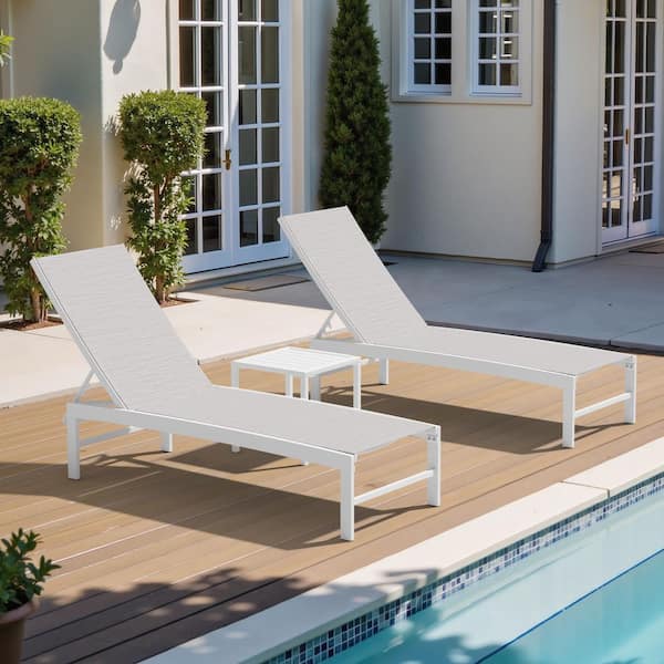 Crestlive Products 3-Piece White Gray Adjustable Aluminum Metal Leisure Outdoor Chaise Lounge Set with Square Side Table