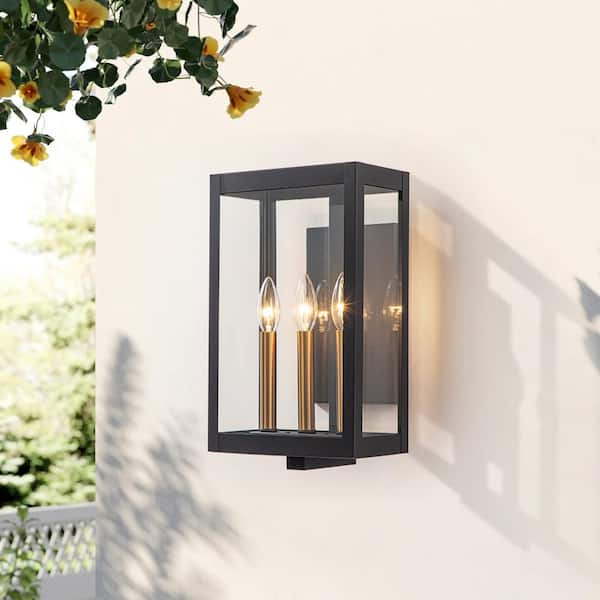 EDISLIVE Brynn 3-Light Black & Gold Wall Lantern Outdoor Sconces with Glass
