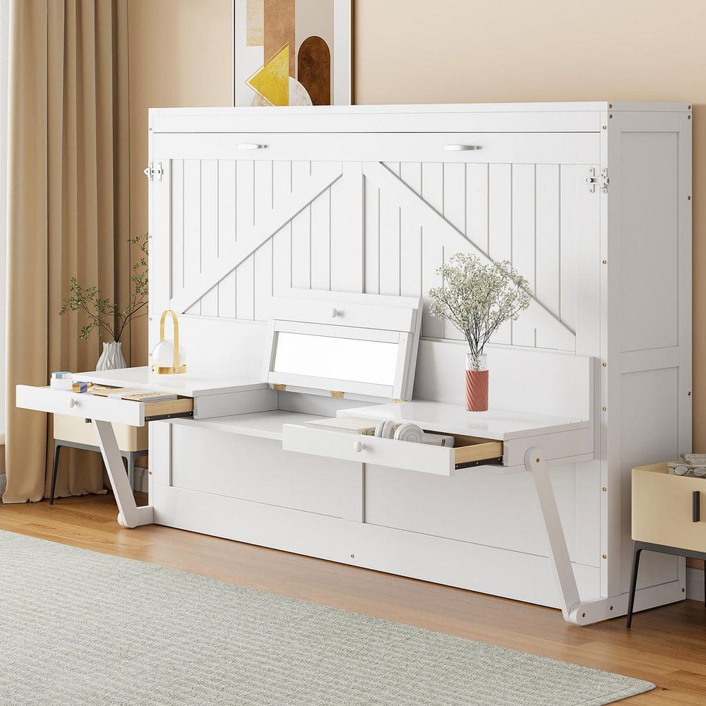 Harper & Bright Designs White Wood Frame Queen Size Murphy Bed with ...