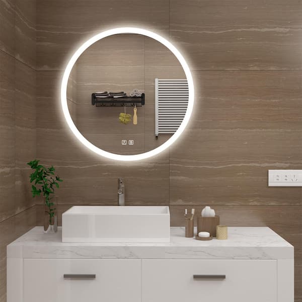HOMLUX 28 in. W x 28 in. H Round Frameless LED Light with 3 Color and Anti-Fog Wall Mounted Bathroom Vanity Mirror