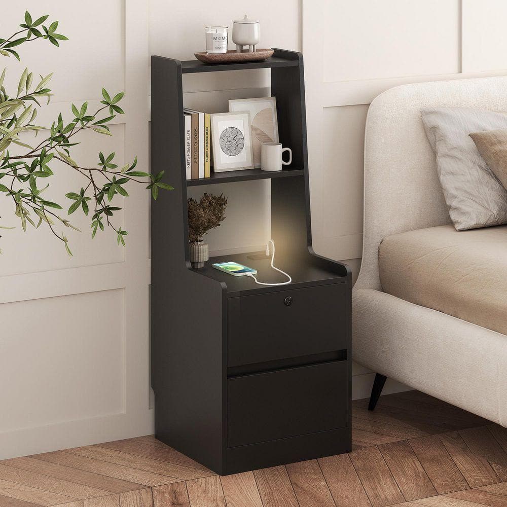 Black MDF Smart Nightstand Bedside Tables with Charging Station Black MDF Smart Nightstand Bedside Tables with Charging Station