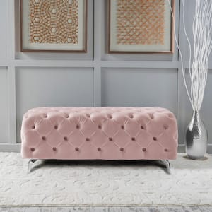 Pink Velvet Button-Tufted Solid Wood Bench with Chrome Legs and Sinuous Spring 51.18in. W x 18.89 in. H x 19.68 in. L