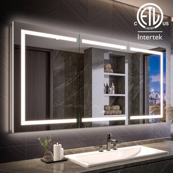 AZDHOME 72 in. W x 36 in. H Rectangular Silver Aluminum Recessed/Surface Mount Medicine Cabinet with Mirror, LED and Clock