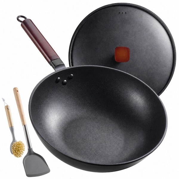13 in. Carbon Steel Wok with Lid Spatula and Dish Brush for Induction, Electric, Gas, Stoves, Pre-Seasoned Flat Bottom