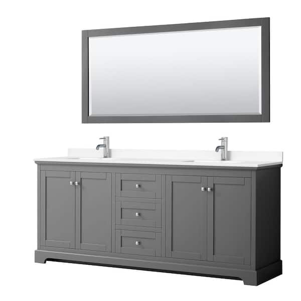Wyndham Collection Avery 80 in. W x 22 in. D Double Vanity in Dark Gray with Cultured Marble Vanity Top in White with Basins and Mirror