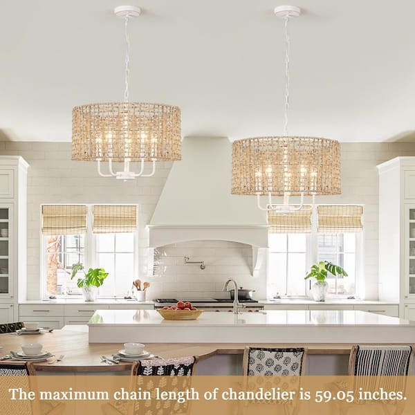ZJVAIVE 18.89 in. 5 Light Vintage White Bohemian Drum Chandelier with Natural Rattan Shade and No Bulbs Included ZJ D0160MD BN