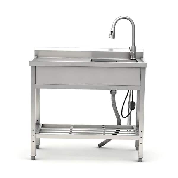 39 in. Freestanding 1-Compartment Commercial Kitchen Sink in Stainless Steel with Faucet