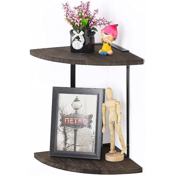 Oumilen NEX 2-Tier Espresso Corner Shelf Floating Wall Mount Round End Shelves for Living Room Bedroom