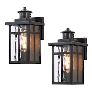 11.75 in. Matte Black Motion Sensing Dusk to Dawn Outdoor Hardwired Wall Lantern Sconces with Water Glass(2-Pack)