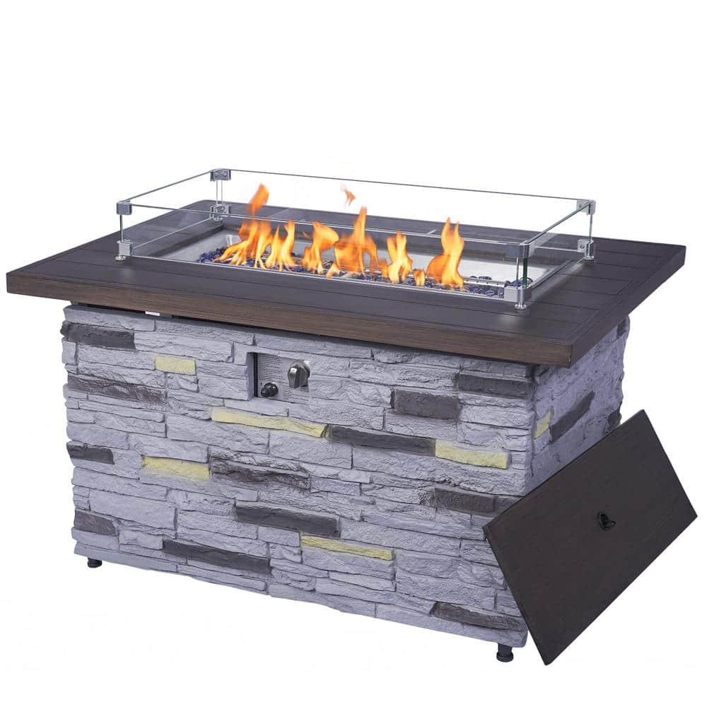 43 in. Brown Propane Stone Fire Pit Table 50000 BTU Firepit Table for Outside with Glass Wind Guard Lid Fire Glass Beads