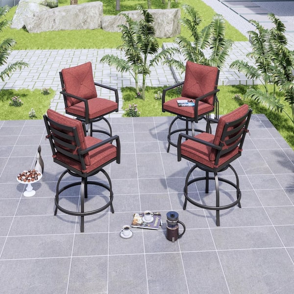 TOP HOME SPACE Swivel Metal Outdoor Bar Stools with Red Cushion (4-Pack)