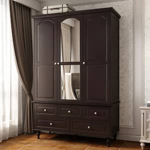 Black Paint 47.2 in. W Big Wardrobe Armoires W/Mirror, Hanging Rod, Drawers, Adjustable Shelves 70.9 in. H x 20 in. D