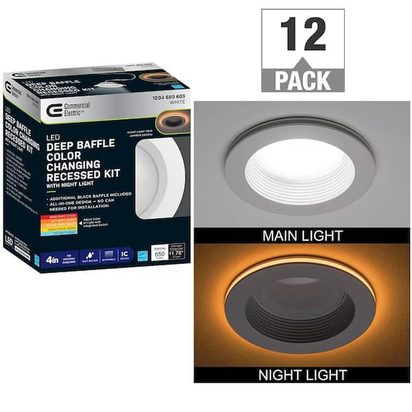 Commercial Electric 4 in. Adjustable CCT Integrated LED Canless Recessed Light Trim with Night Light 650 Lumens Reduces Glare (12-Pack)