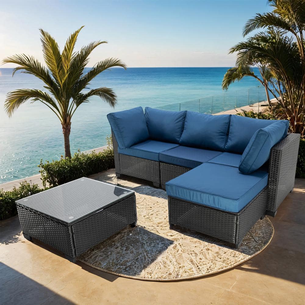 Dark Coffee 5-Piece Wicker Outdoor Sectional Set, Patio Rattan Sofa Set with Peacock Blue Cushions for Garden, Backyard