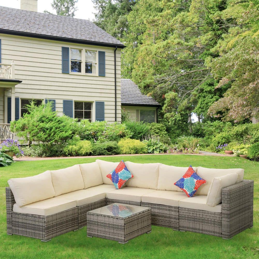Gray 7-Pieces Outdoor Patio Furniture Wicker Conversation Set with Off-White Cushions for Deck, Poolside, Porch price history on PriceWatchPro