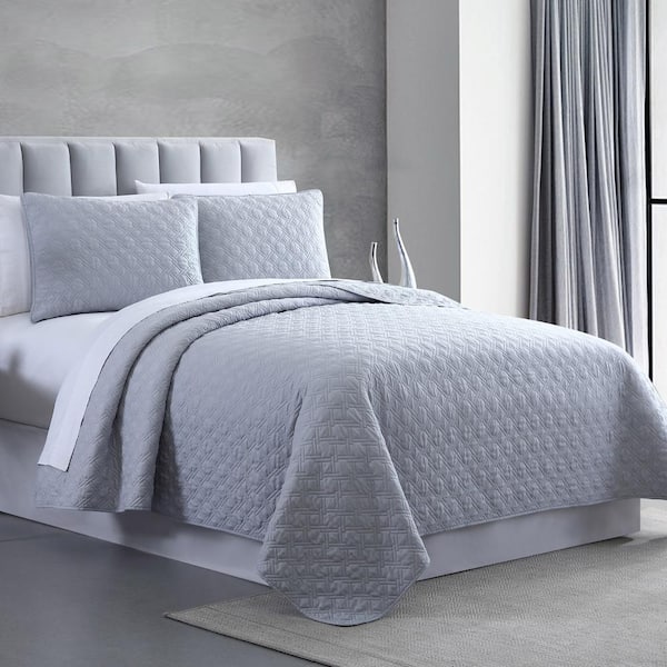 Unbranded 3-Piece Gray King Enzyme Washed Diamond Link Microfiber Quilted Coverlet Set