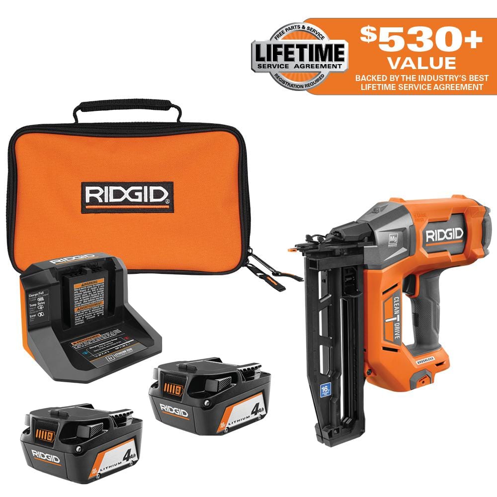 18V (2) 4.0 Ah Batteries and Charger Kit with 18V Brushless Cordless 16-Gauge Straight Finish Nailer -  RIDGID, AC93044R09893