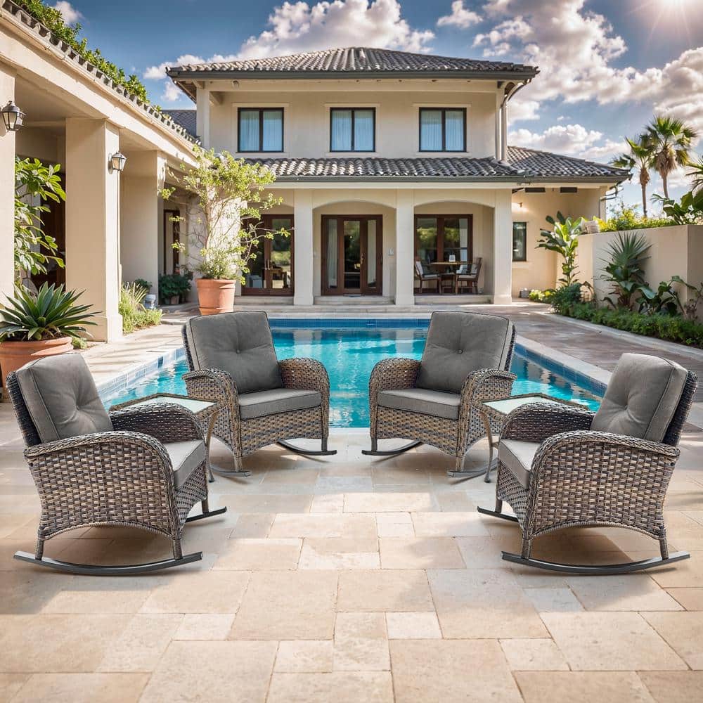 Opohoro Brown 6-Piece Wicker Outdoor Rocking Chairs Patio