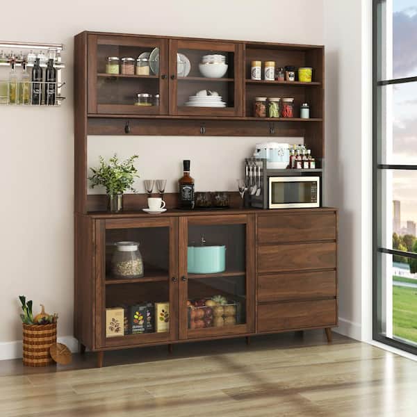 Unbranded 71 in. Brown Wood 4-Drawers Pantry Organizer Freestanding Large Kitchen Hutch Cabinet w/ 4-Doors Microwave Shelf & Hook