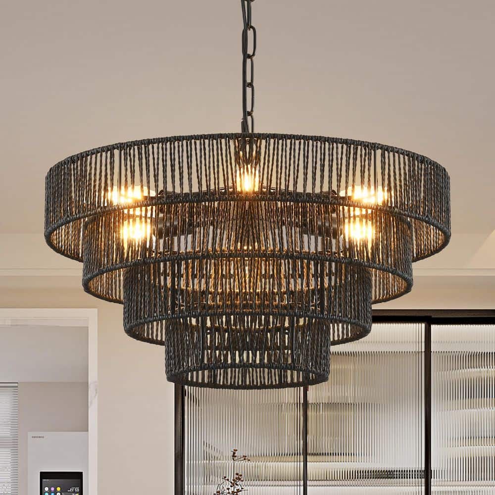 20 in. Boho 6-Light Black Rope Pendant Light Chandelier price history on PriceWatchPro