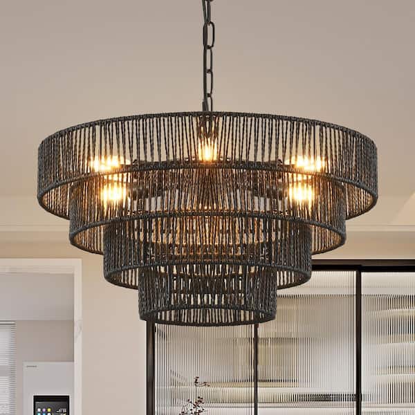 Lasaideal 20 in. Boho 6-Light Black Rope Pendant Light Chandelier