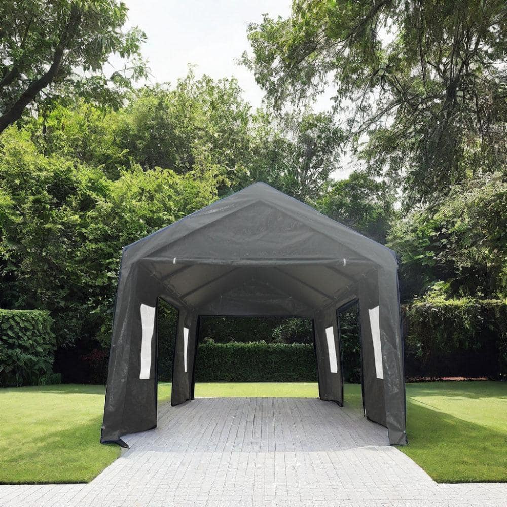 Gray 12' x 20' Portable Carport with Windows and Metal Frame