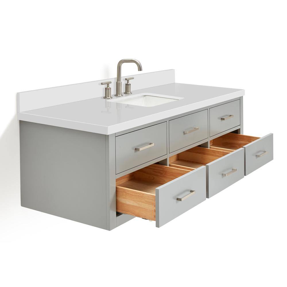 Hutton 61" Gray Wood Floating Vanity with White Quartz Top
