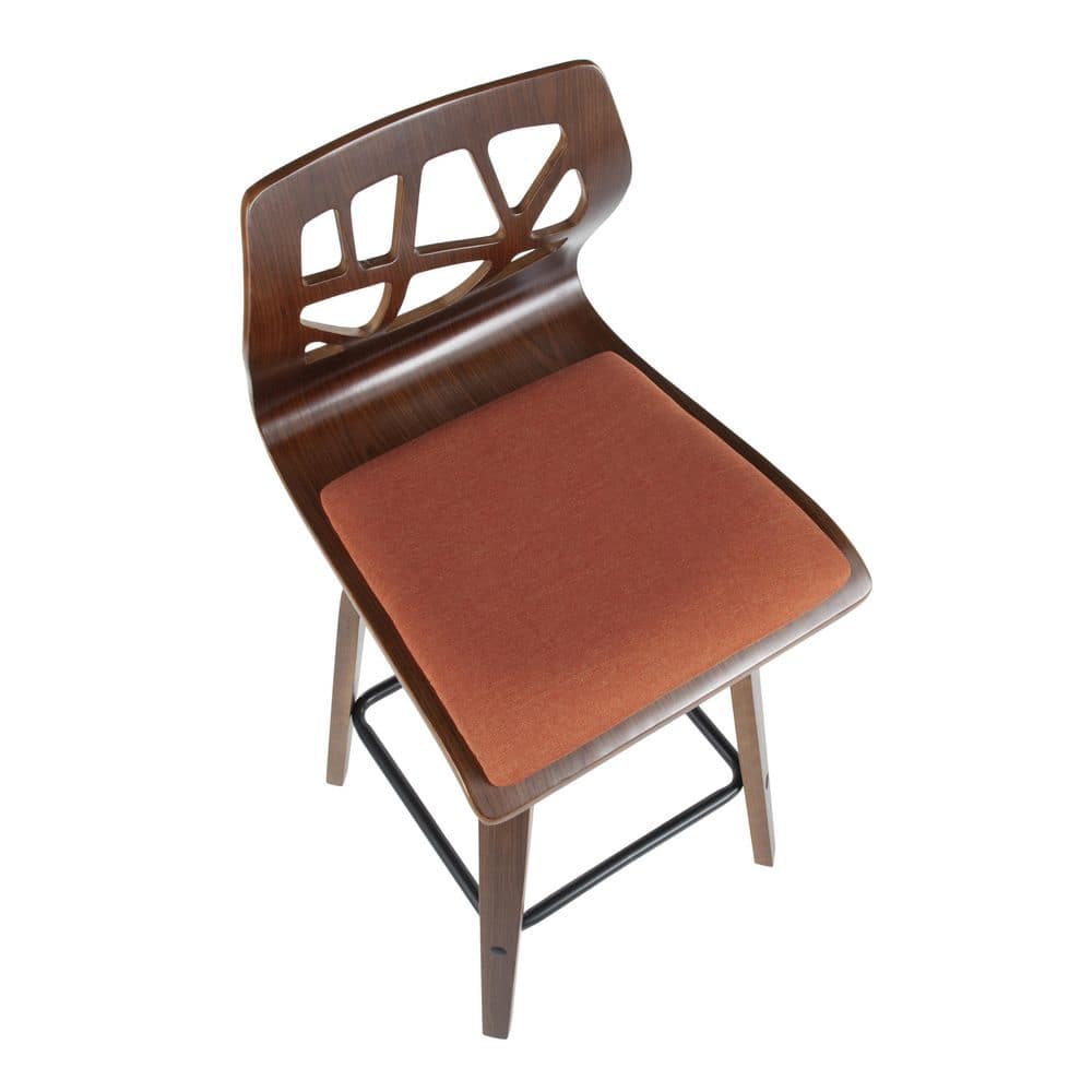 Folia Mid-Century Swivel Counter Stool Set in Orange, Walnut, and Black