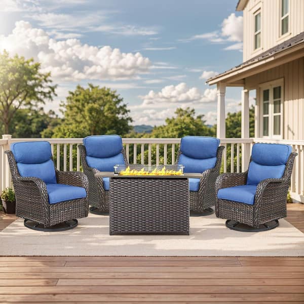 Luxury 5-Piece Brown Wicker Fire Pit Conversation Set with Olefin Blue Cushions and Swivel Glider Rocking Chairs