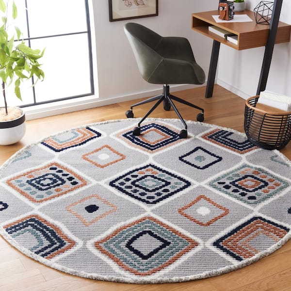 Marrakesh Gray/Blue Rust 7 ft. x 7 ft. Round Geometric Striped Area Rug