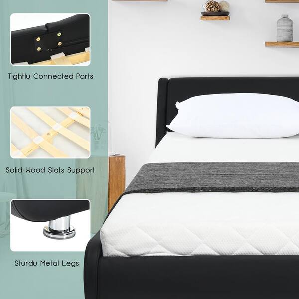Queen Bed Upholstered Black Faux Leather Wood Platform Bed Slats Headboard Frame 