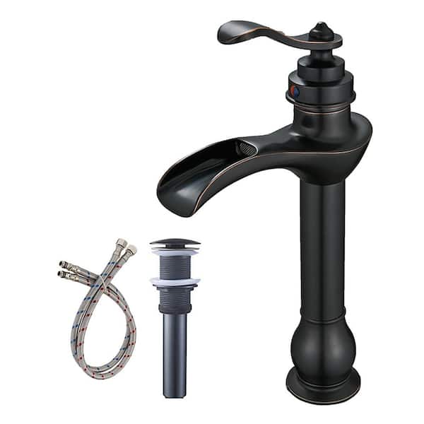 Unbranded Single Handle Single Hole Waterfall Bathroom Vessel Sink Faucet with Pop-Up Drain Assembly Included in Oil Rubbed Bronze