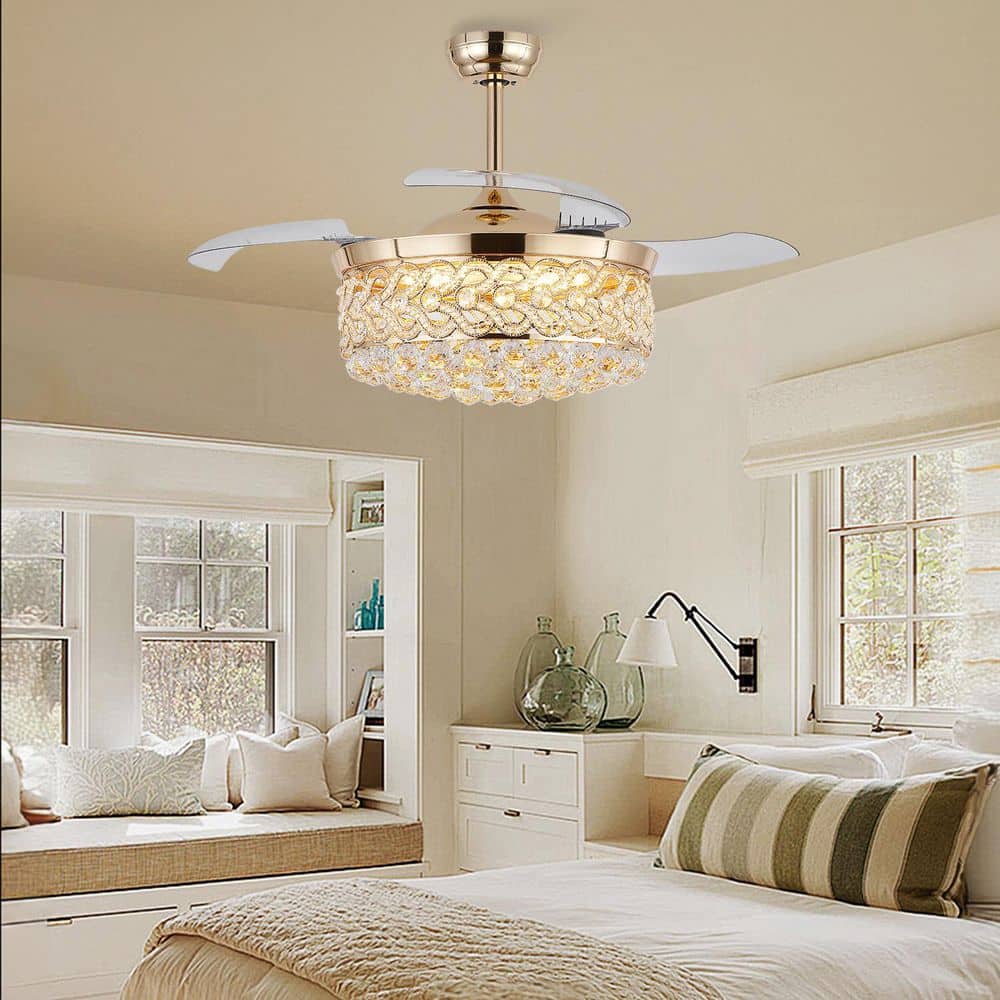 48 in. Modern Indoor Downrod Mount Gold Crystal Ceiling Fan with Light Kit and Remote Control price history on PriceWatchPro