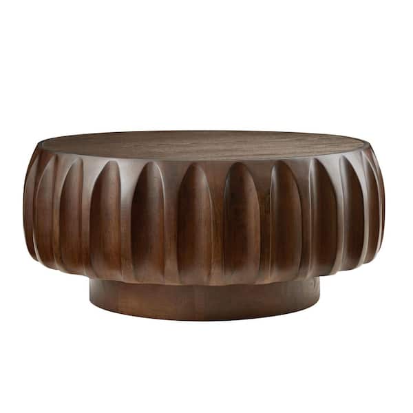 31.50 in. W Walnut Elegant Sculptural Design Round Solid Wood Carved Coffee Table