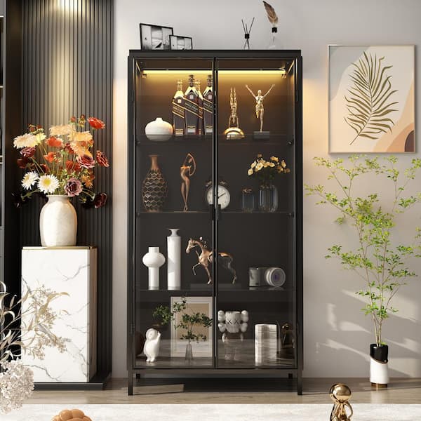 FUFU&GAGA Black Wood Accent Storage Cabinet Display Cabinet with Tempered Glass Doors, 3-Color LED Lights and Adjustable Shelves
