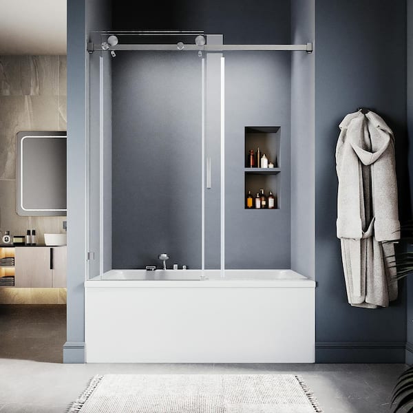 UNIKOO UKS05 56 to 60 in. W x 66 in. H Sliding Frameless Bathtub Door in Brushed Nickel with EnduroShield 3/8" SGCC Clear Glass