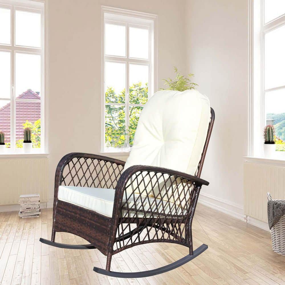 Wicker Outdoor Rocking Chair with Beige Cushions, Ideal for Porch, Deck ...