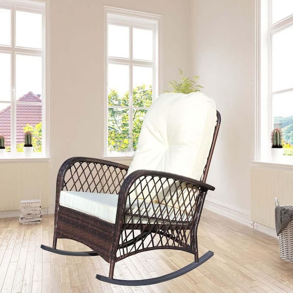 Unbranded Wicker Outdoor Rocking Chair with Beige Cushions, Ideal for Porch, Deck, Patio Furniture, and Outdoor Rattan Rocker