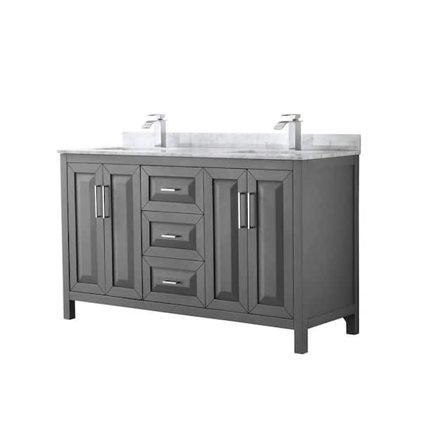 Wyndham Collection Daria 60 in. Double Bathroom Vanity in Dark Gray with Marble Vanity Top in Carrara White with White Basin