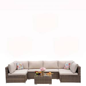 Modern & Comfortable 7-Piece Brown Wicker Outdoor Sectional Set with Khaki Cushions and Pillows