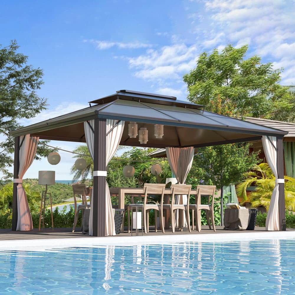 Yoleny 10'x13' Brown Aluminum Hardtop Gazebo with Beige Canopy