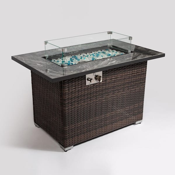 Unbranded 43.3 in. Outdoor Wicker Fire Pit Table with Lid, Blue Glass Beads and Glass Wind Guard